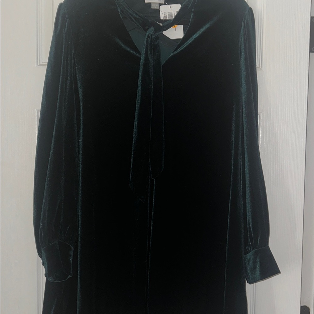 Calvin Klein Dark Green Velvet Midi Dress with Tie Neck